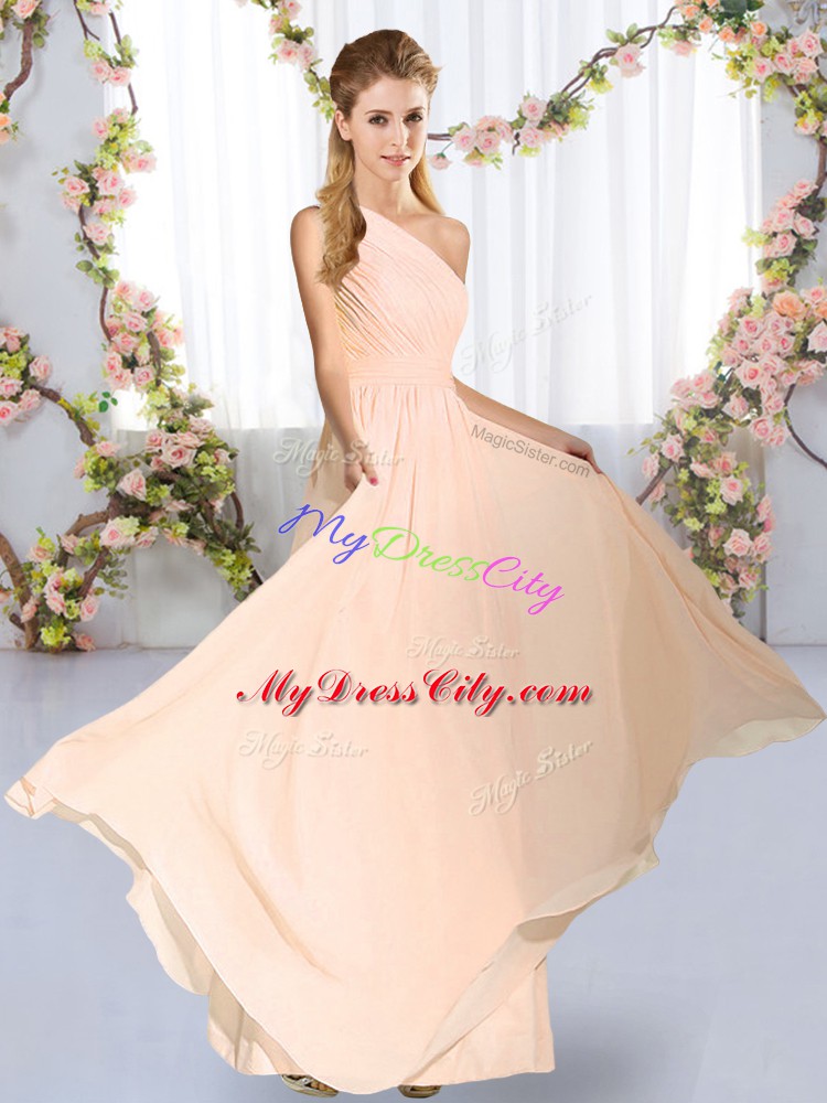 Perfect Sleeveless Lace Up Floor Length Ruching Bridesmaid Gown