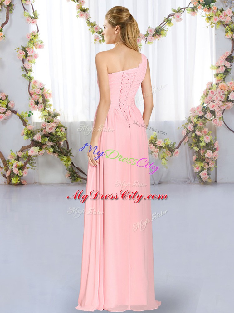 Perfect Sleeveless Lace Up Floor Length Ruching Bridesmaid Gown