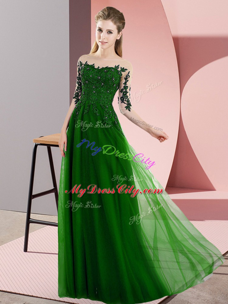 Green Empire Bateau Half Sleeves Chiffon Floor Length Lace Up Beading and Lace Bridesmaid Gown