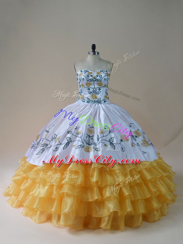 Elegant Yellow And White Organza Lace Up Sweetheart Sleeveless Floor Length Quinceanera Gown Embroidery and Ruffled Layers