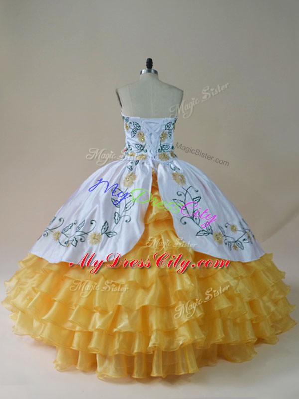 Elegant Yellow And White Organza Lace Up Sweetheart Sleeveless Floor Length Quinceanera Gown Embroidery and Ruffled Layers