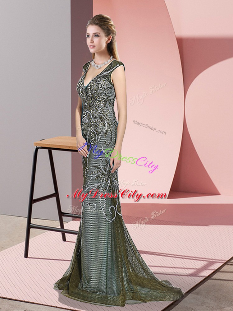 Pretty Olive Green Sleeveless Beading Zipper Evening Dresses