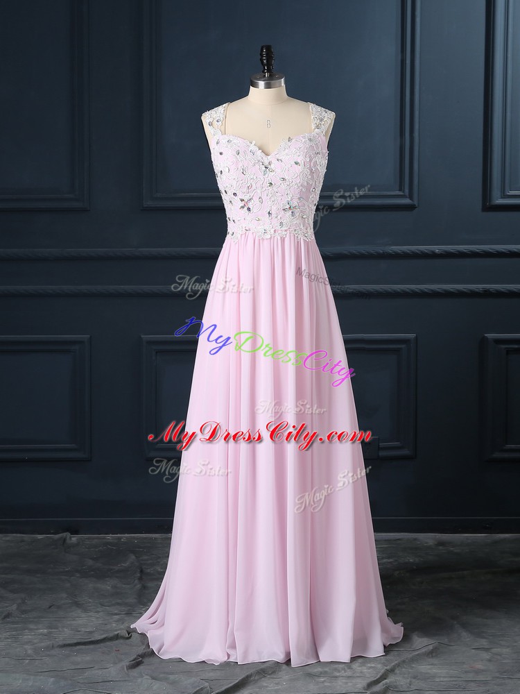 Customized Baby Pink Cap Sleeves Floor Length Beading and Lace Backless Homecoming Dresses