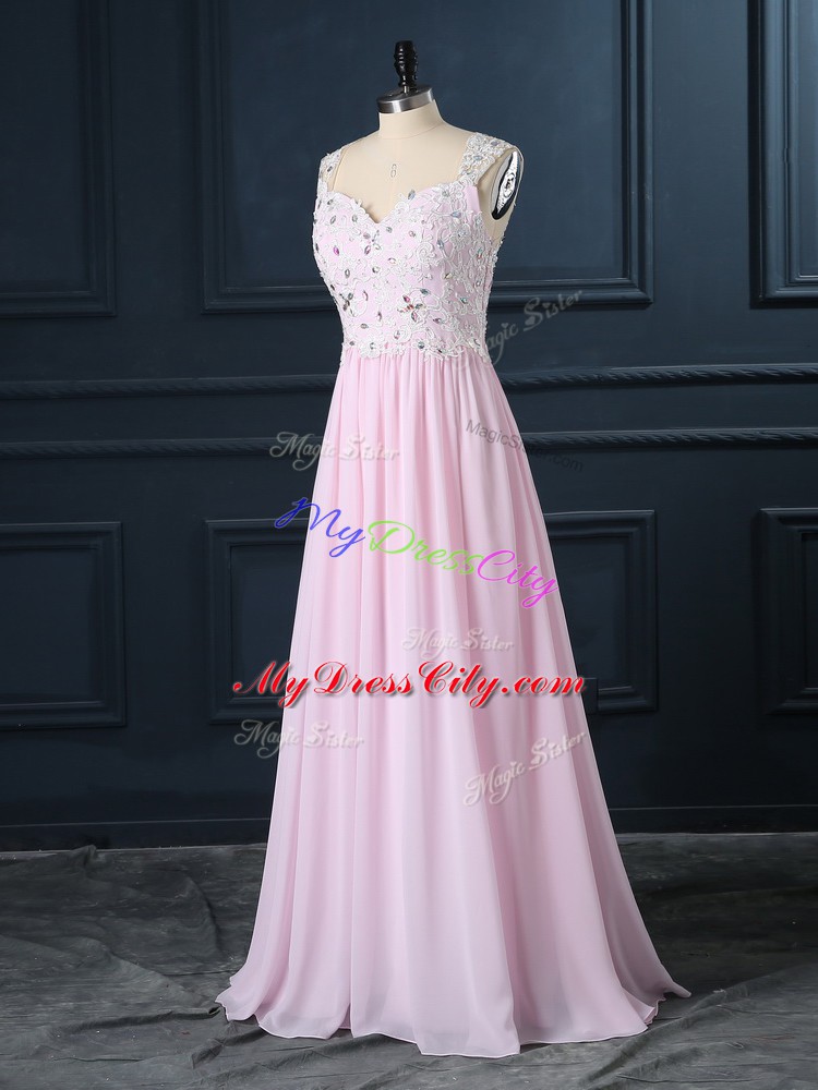 Customized Baby Pink Cap Sleeves Floor Length Beading and Lace Backless Homecoming Dresses