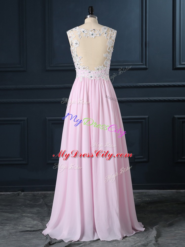 Customized Baby Pink Cap Sleeves Floor Length Beading and Lace Backless Homecoming Dresses