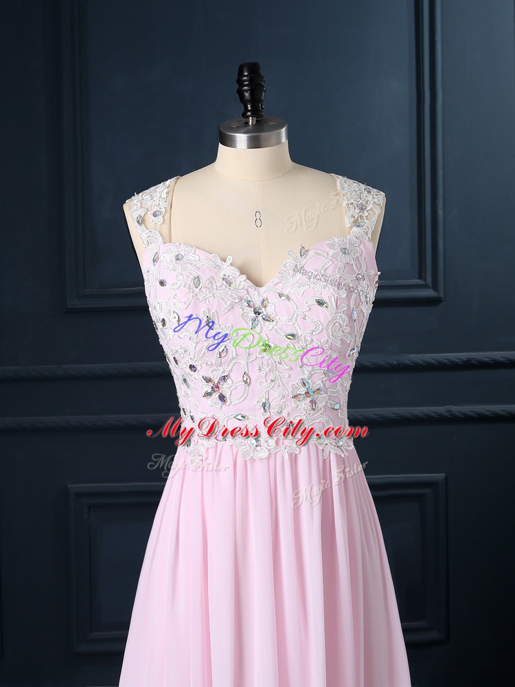 Customized Baby Pink Cap Sleeves Floor Length Beading and Lace Backless Homecoming Dresses