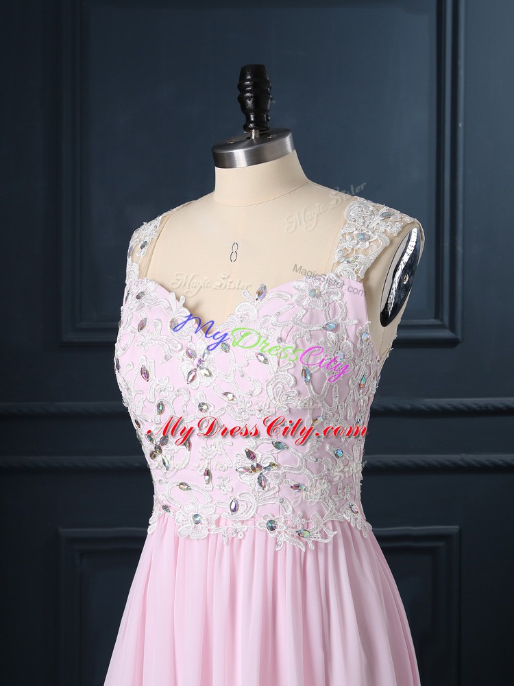 Customized Baby Pink Cap Sleeves Floor Length Beading and Lace Backless Homecoming Dresses