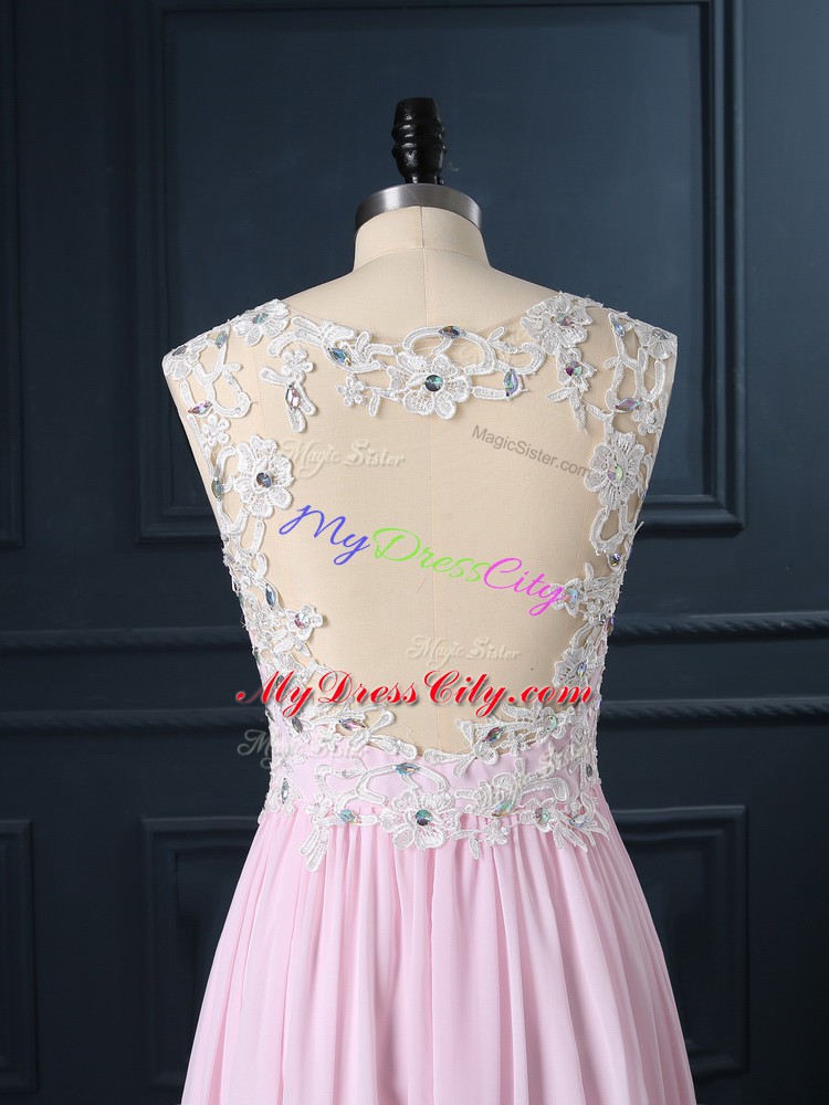 Customized Baby Pink Cap Sleeves Floor Length Beading and Lace Backless Homecoming Dresses