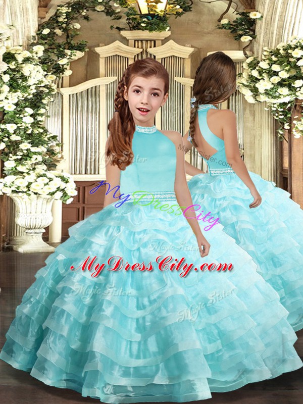 Halter Top Sleeveless Organza Pageant Gowns For Girls Beading and Ruffled Layers Backless