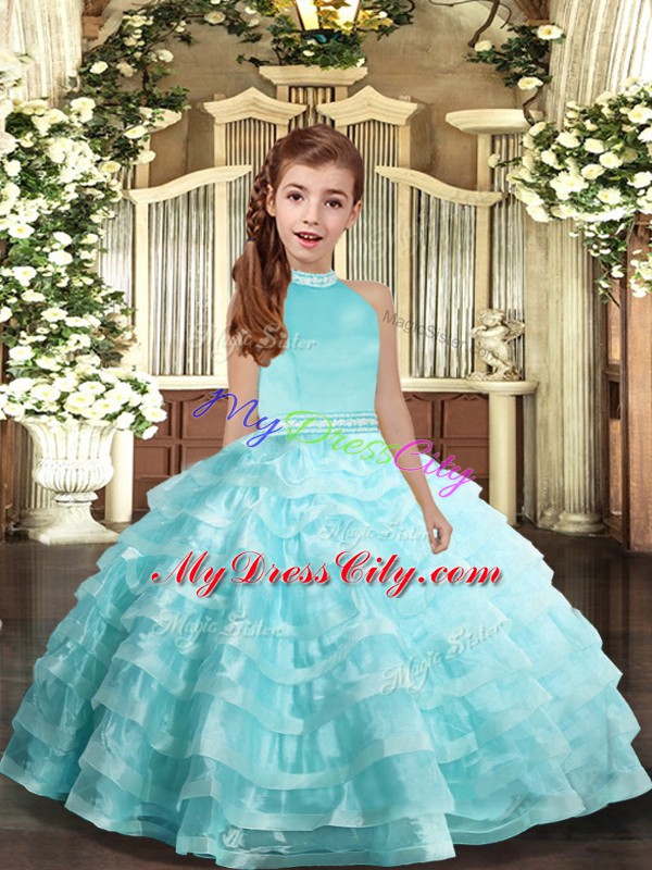 Halter Top Sleeveless Organza Pageant Gowns For Girls Beading and Ruffled Layers Backless