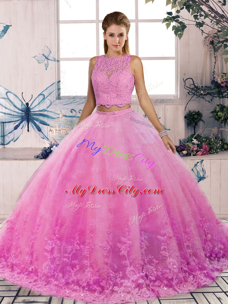 Beautiful Rose Pink Tulle Backless Scalloped Sleeveless Sweet 16 Quinceanera Dress Sweep Train Lace