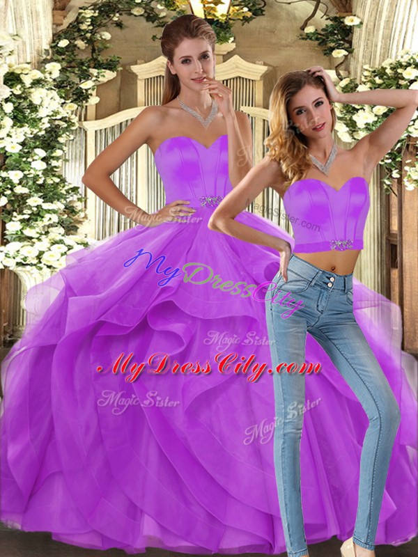 Lilac Tulle Lace Up Quince Ball Gowns Sleeveless Floor Length Ruffles