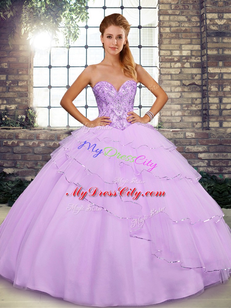 Lilac Sweetheart Lace Up Beading and Ruffled Layers Ball Gown Prom Dress Brush Train Sleeveless