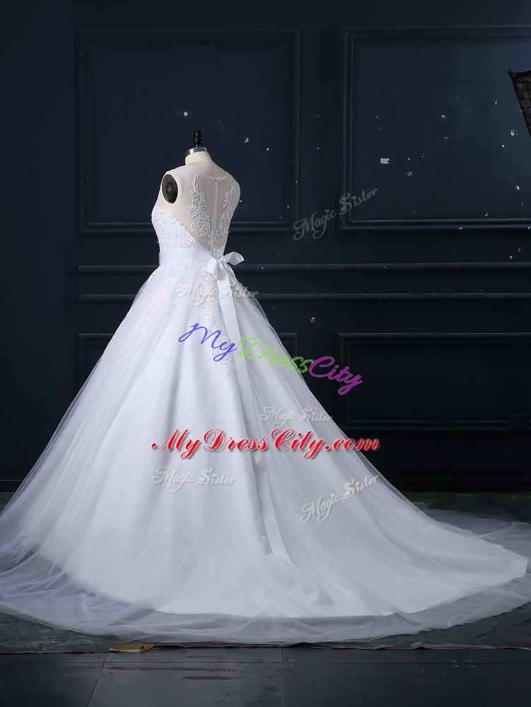 Amazing White Scoop Neckline Beading and Lace Wedding Gown Sleeveless Zipper