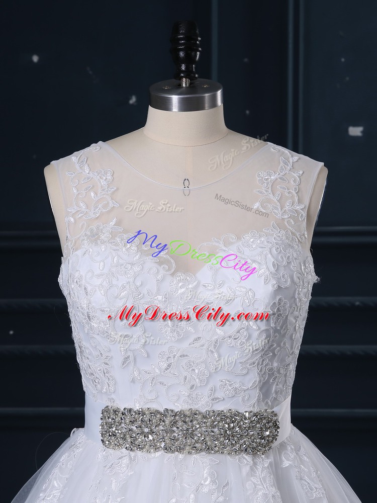 Amazing White Scoop Neckline Beading and Lace Wedding Gown Sleeveless Zipper