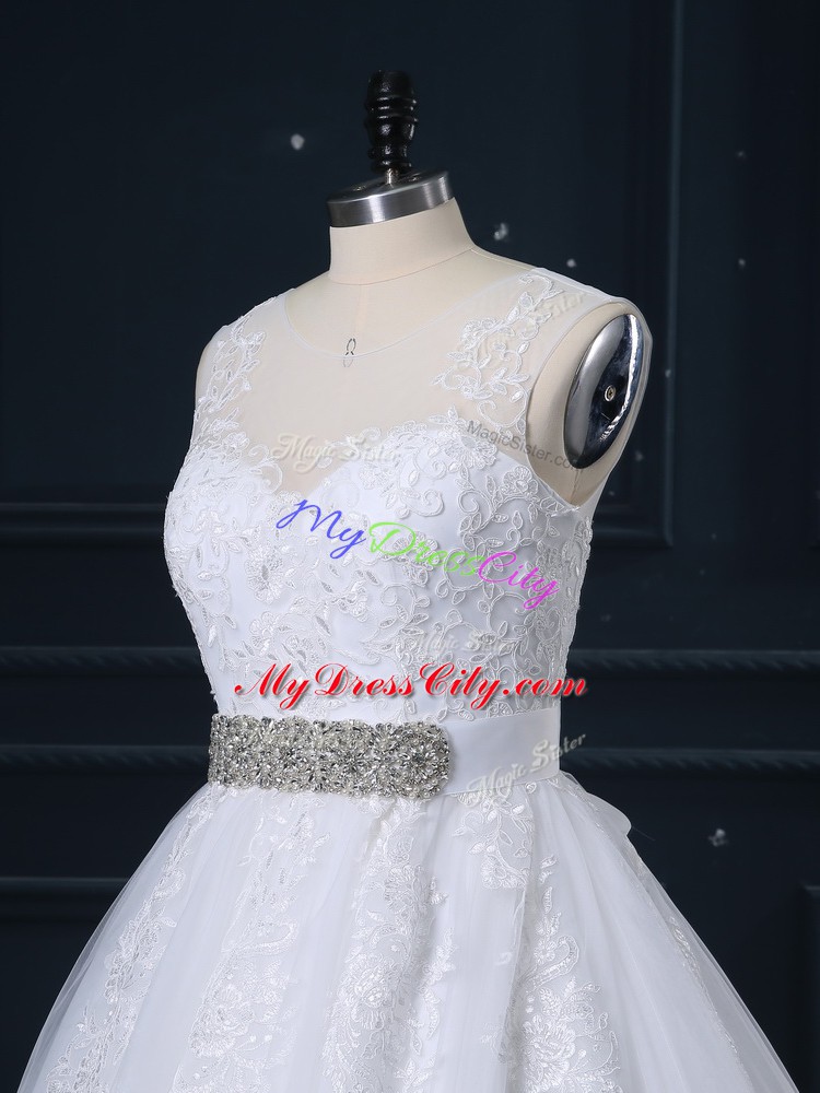 Amazing White Scoop Neckline Beading and Lace Wedding Gown Sleeveless Zipper