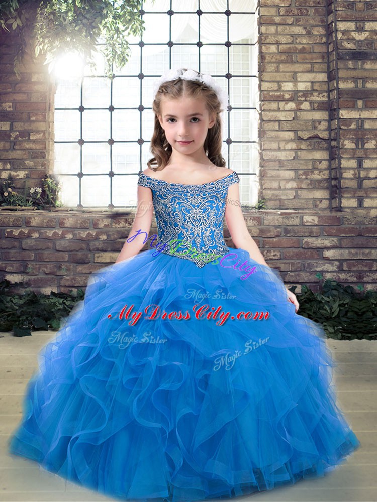 Latest Ball Gowns Pageant Dress for Womens Blue Off The Shoulder Tulle Sleeveless Floor Length Lace Up