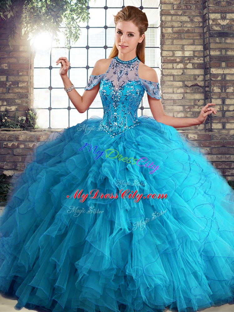 Latest Ball Gowns Quinceanera Gown Blue Halter Top Tulle Sleeveless Floor Length Lace Up