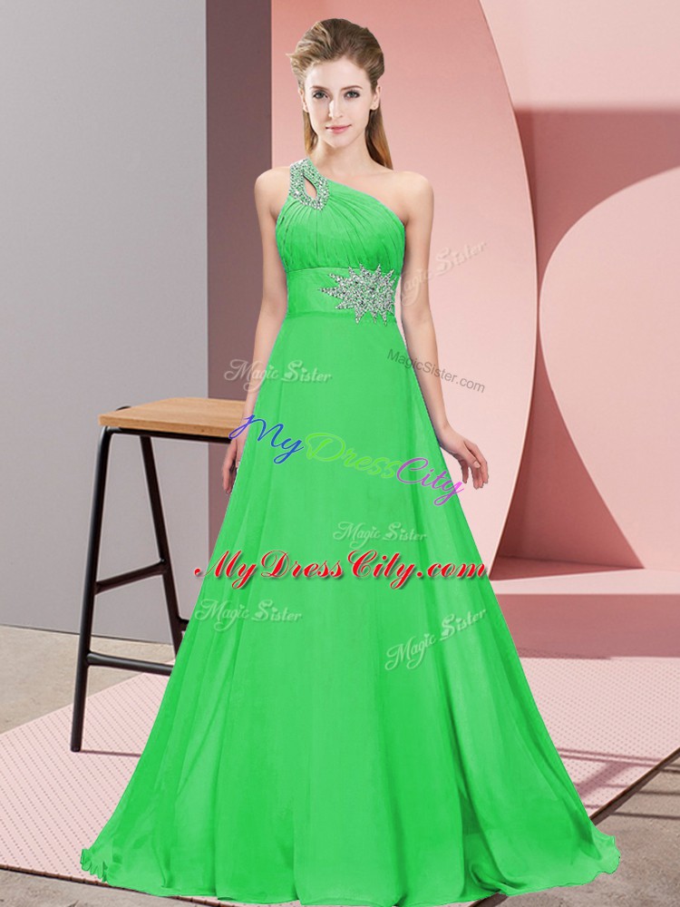 One Shoulder Sleeveless Brush Train Lace Up Prom Party Dress Green Chiffon