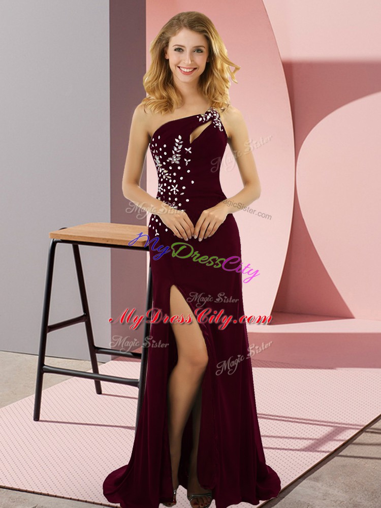 Cute Sweep Train Column/Sheath Homecoming Gowns Burgundy One Shoulder Elastic Woven Satin Sleeveless Lace Up