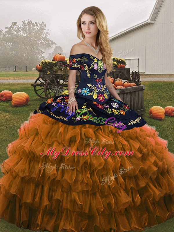 Low Price Rust Red Off The Shoulder Lace Up Embroidery and Ruffled Layers 15th Birthday Dress Sleeveless