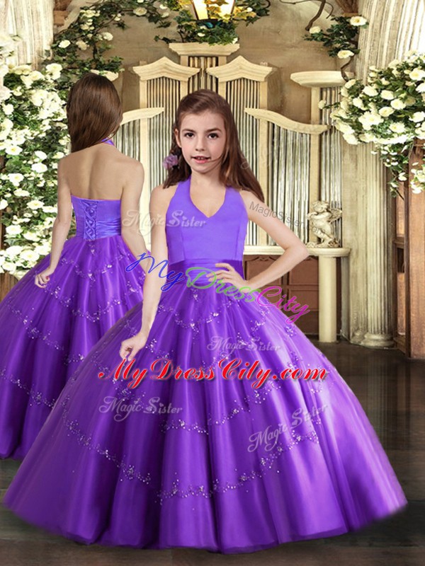 Floor Length Purple Vestidos de Quinceanera Tulle Sleeveless Beading