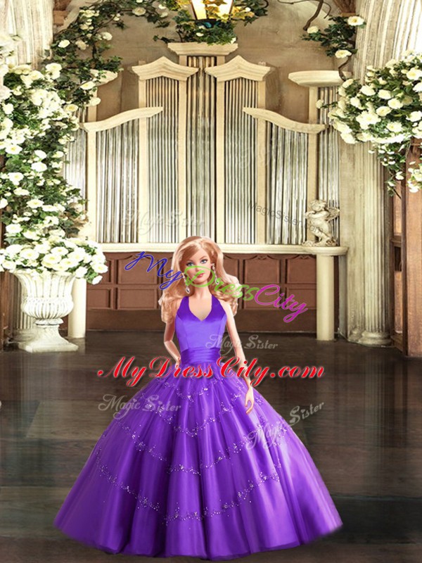 Floor Length Purple Vestidos de Quinceanera Tulle Sleeveless Beading