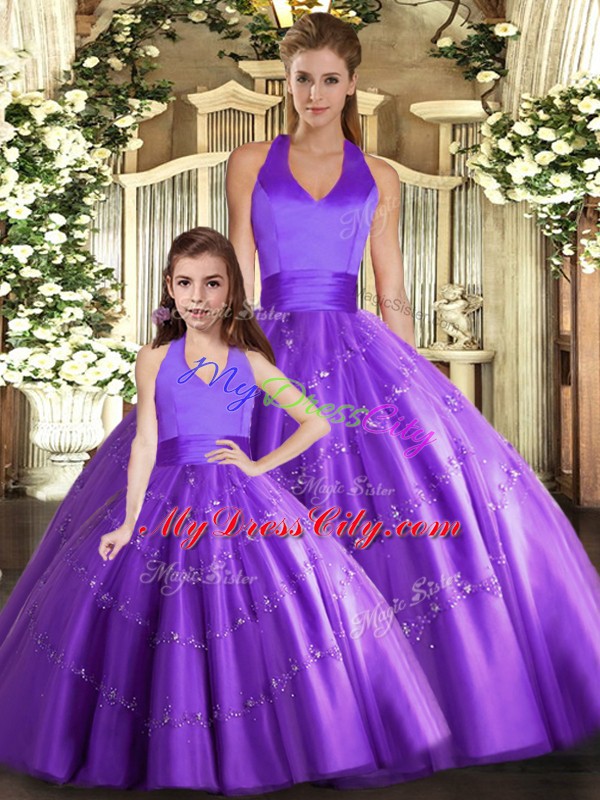 Floor Length Purple Vestidos de Quinceanera Tulle Sleeveless Beading