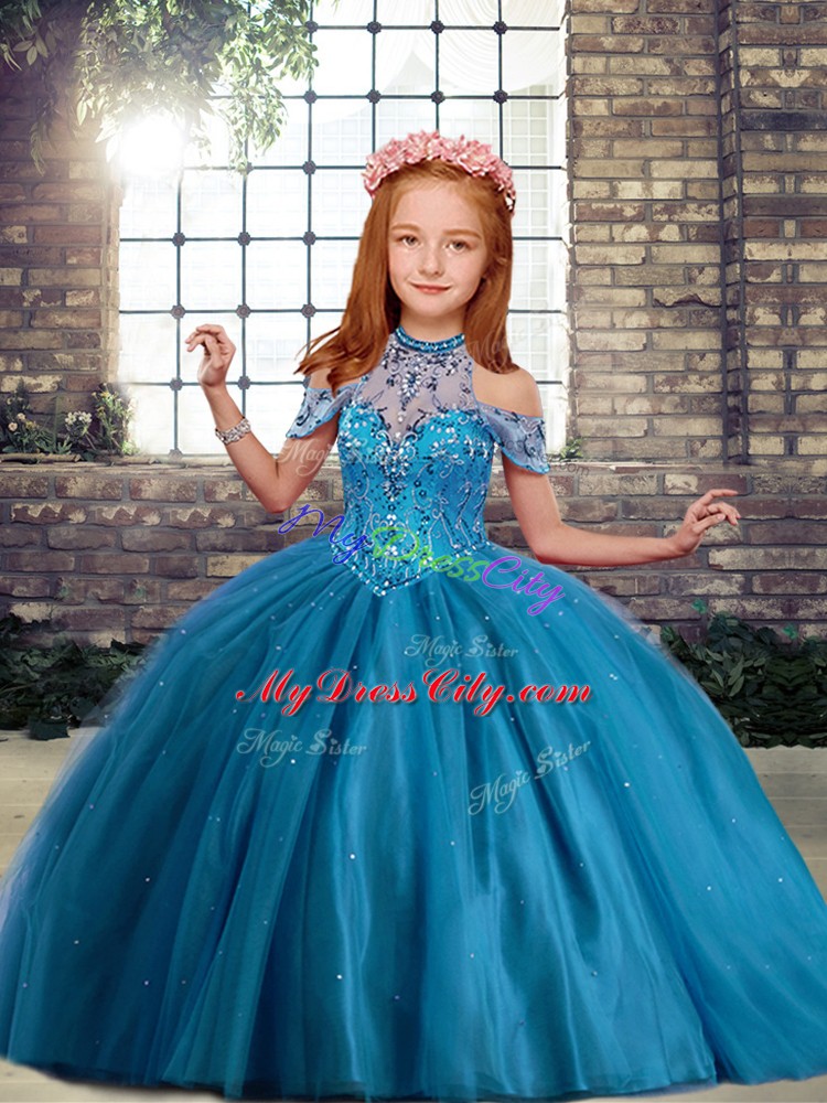 Blue Ball Gowns Beading Kids Formal Wear Lace Up Tulle Sleeveless Floor Length