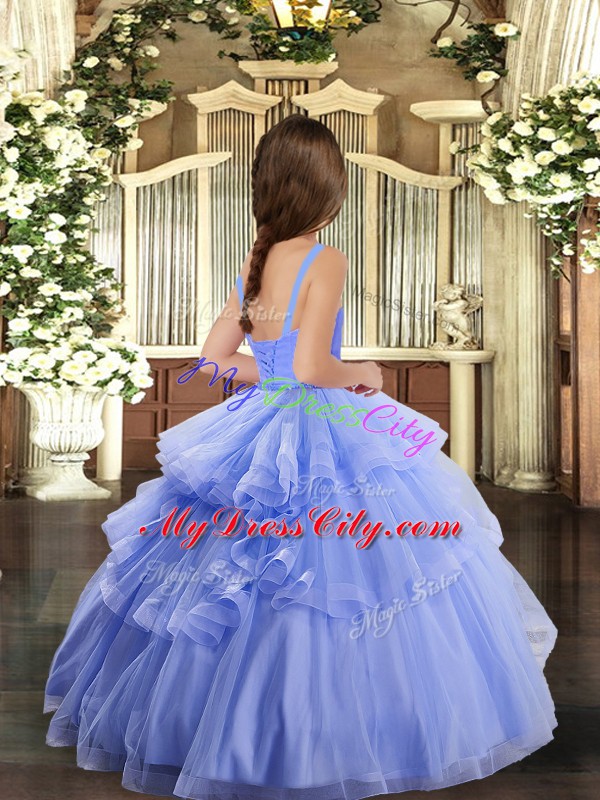 Classical Lavender Ball Gowns Straps Sleeveless Tulle Floor Length Lace Up Appliques Pageant Dress for Teens