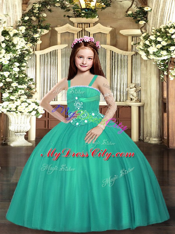 Latest Straps Sleeveless Little Girl Pageant Dress Floor Length Beading Turquoise Tulle