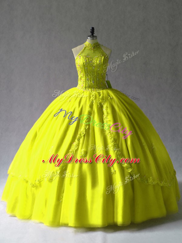 Comfortable Yellow Green Lace Up 15th Birthday Dress Appliques Sleeveless Floor Length