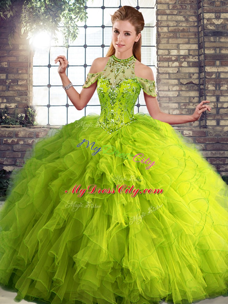 Olive Green Ball Gowns Beading and Ruffles Vestidos de Quinceanera Lace Up Tulle Sleeveless Floor Length