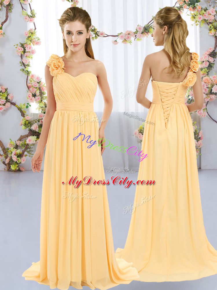 Fashion Gold Sleeveless Hand Made Flower Lace Up Dama Dress for Quinceanera