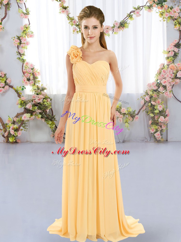 Fashion Gold Sleeveless Hand Made Flower Lace Up Dama Dress for Quinceanera