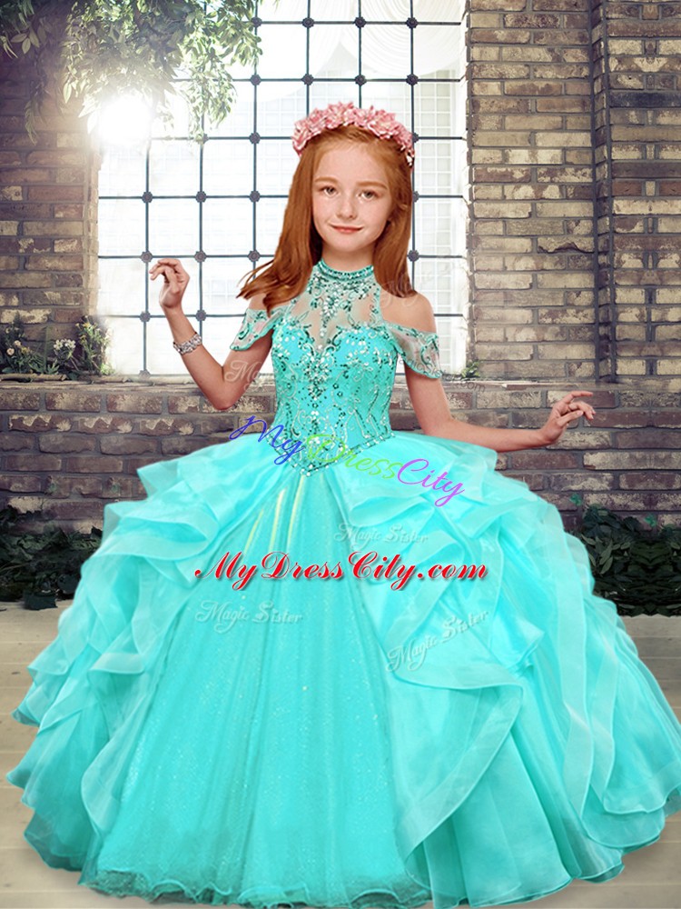 Low Price Aqua Blue Sleeveless Beading and Ruffles Floor Length Little Girl Pageant Dress