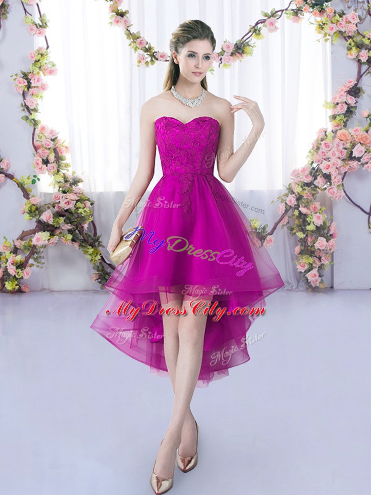 Fuchsia Sleeveless High Low Lace Lace Up Wedding Party Dress