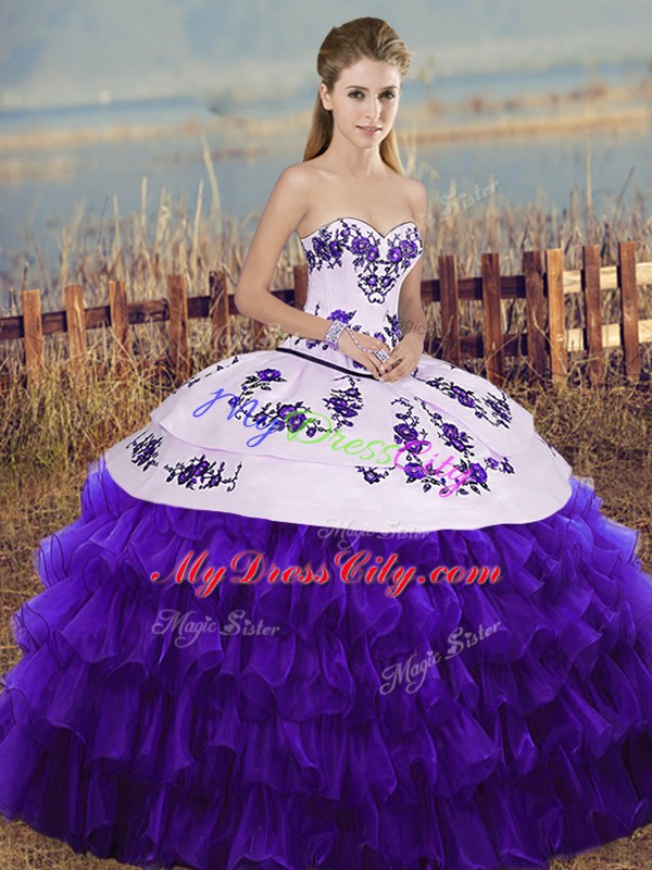 Inexpensive Floor Length Ball Gowns Sleeveless White And Purple Quinceanera Dresses Lace Up