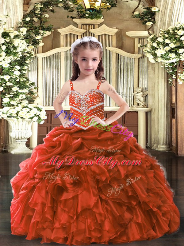 Rust Red Pageant Dresses Party and Wedding Party with Beading and Ruffles Straps Sleeveless Lace Up