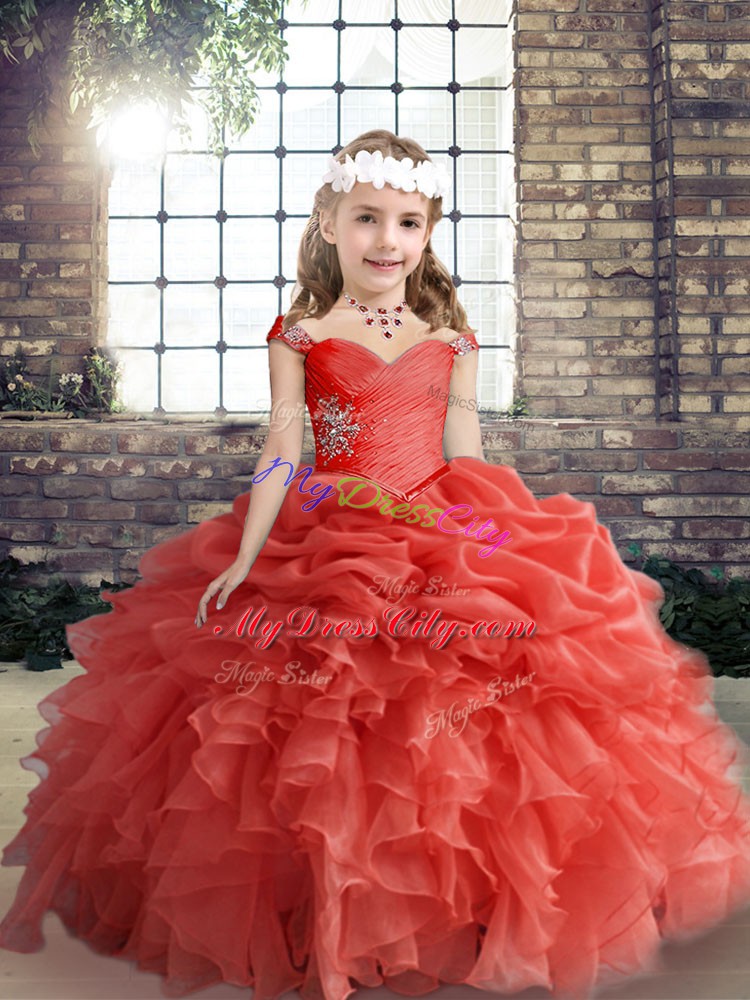 Coral Red Sleeveless Organza Lace Up Little Girls Pageant Dress for Party and Wedding Party