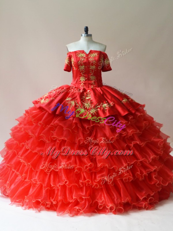 Floor Length Red Ball Gown Prom Dress Off The Shoulder Sleeveless Lace Up