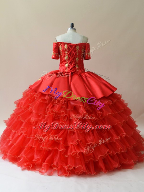 Floor Length Red Ball Gown Prom Dress Off The Shoulder Sleeveless Lace Up