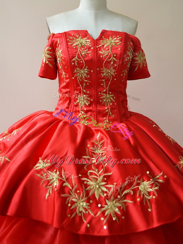 Floor Length Red Ball Gown Prom Dress Off The Shoulder Sleeveless Lace Up