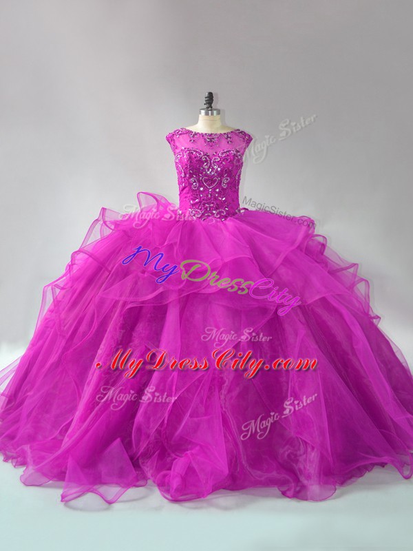 Luxurious Scoop Long Sleeves Quinceanera Gown Brush Train Beading and Ruffles Fuchsia Organza