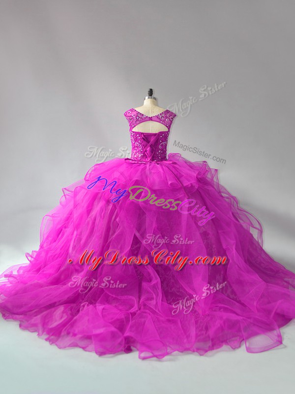 Luxurious Scoop Long Sleeves Quinceanera Gown Brush Train Beading and Ruffles Fuchsia Organza