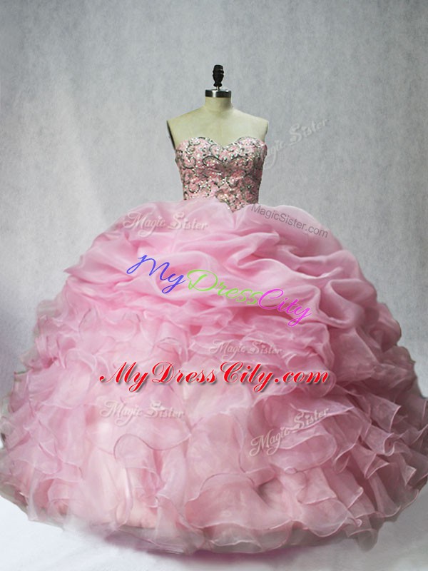 Smart Baby Pink Ball Gowns Sweetheart Sleeveless Organza Floor Length Lace Up Beading and Ruffles and Pick Ups Quinceanera Dress