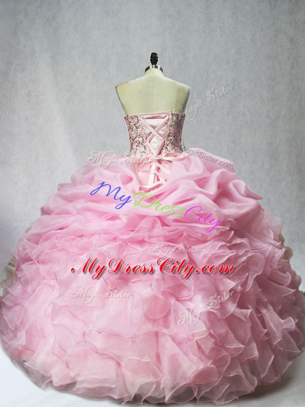 Smart Baby Pink Ball Gowns Sweetheart Sleeveless Organza Floor Length Lace Up Beading and Ruffles and Pick Ups Quinceanera Dress