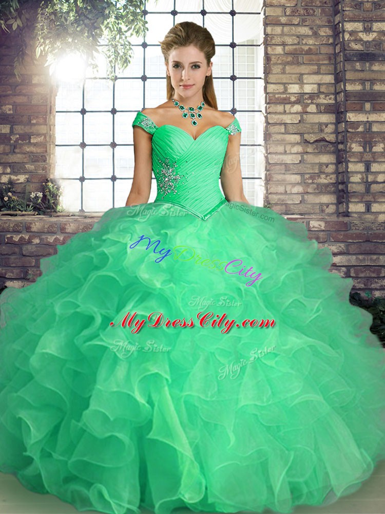 Turquoise Ball Gowns Organza Off The Shoulder Sleeveless Beading and Ruffles Floor Length Lace Up Sweet 16 Dress