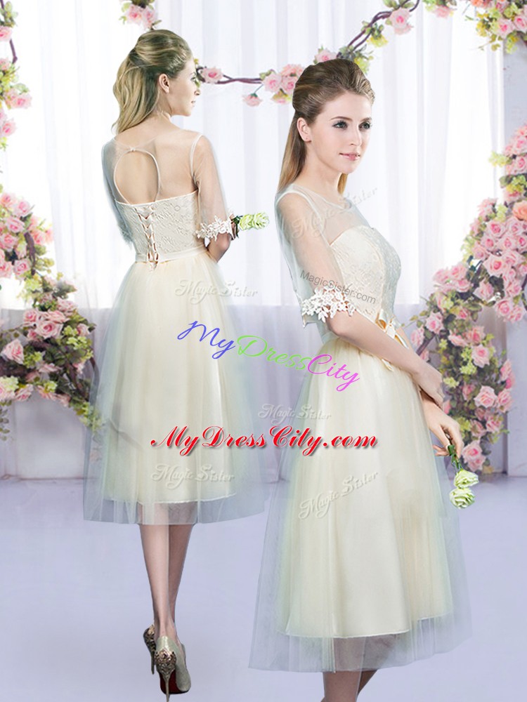 Custom Designed Scoop Sleeveless Bridesmaid Dresses Tea Length Lace and Belt Champagne Tulle