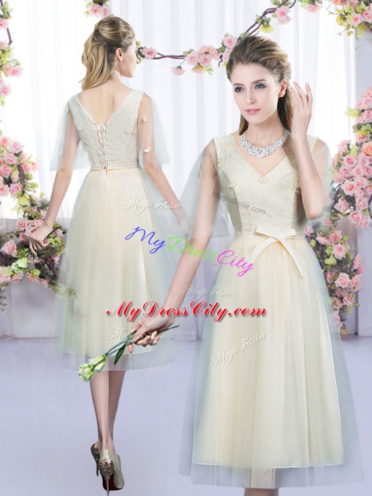 Custom Designed Scoop Sleeveless Bridesmaid Dresses Tea Length Lace and Belt Champagne Tulle